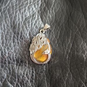 Tiger Eye Teardrop Pendant Silver Tone Peacock Feather Boho Stone Charm